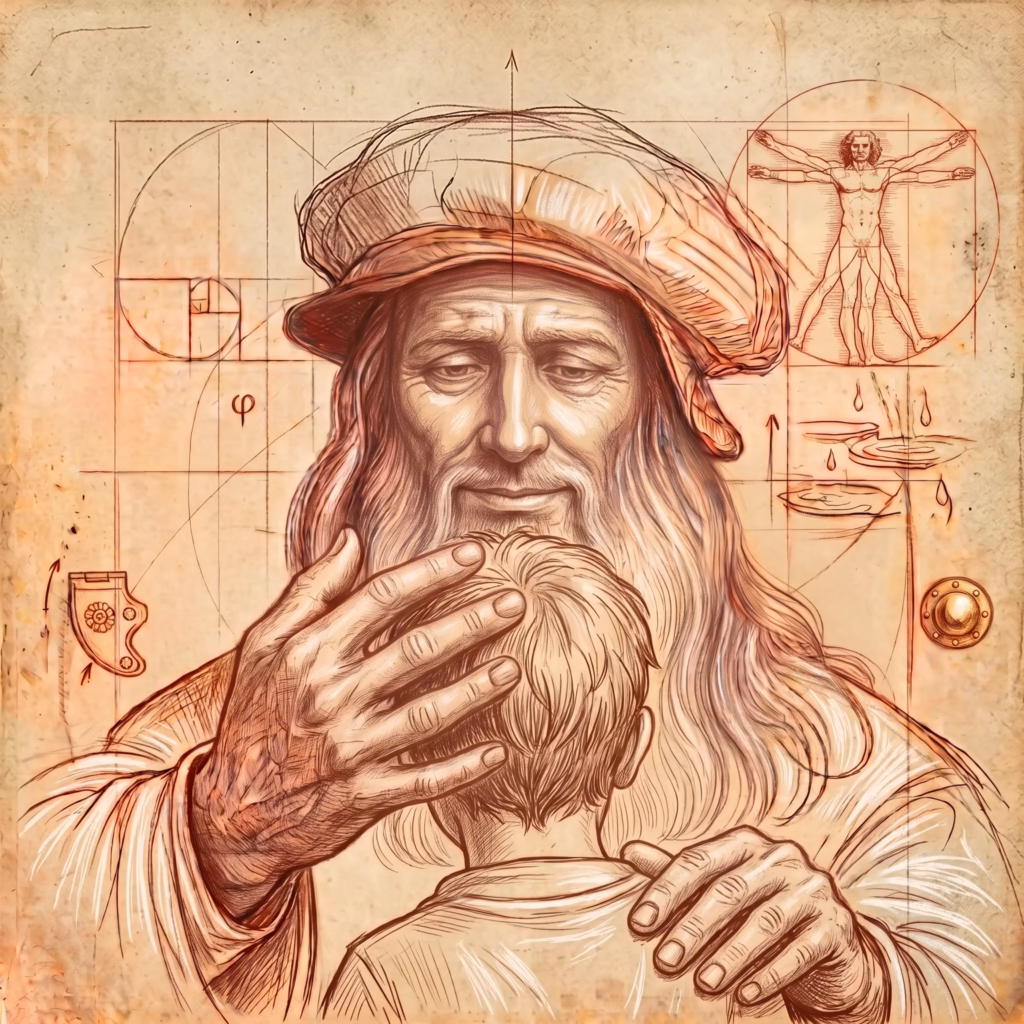 Szkic Leonarda da Vinci okazującego troskę – dobrostan dziecka w Szkole SVS Szczecin