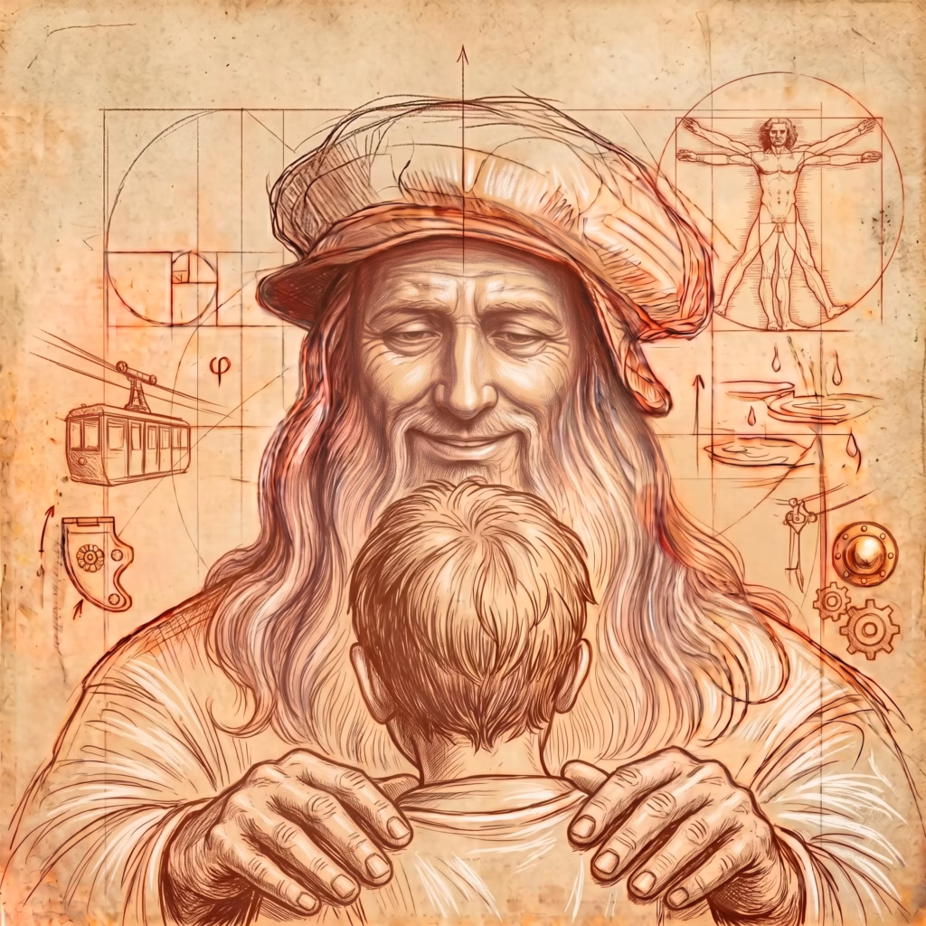 Szkic Leonarda da Vinci okazującego zrozumienie – dobrostan dziecka w Szkole SVS Szczecin