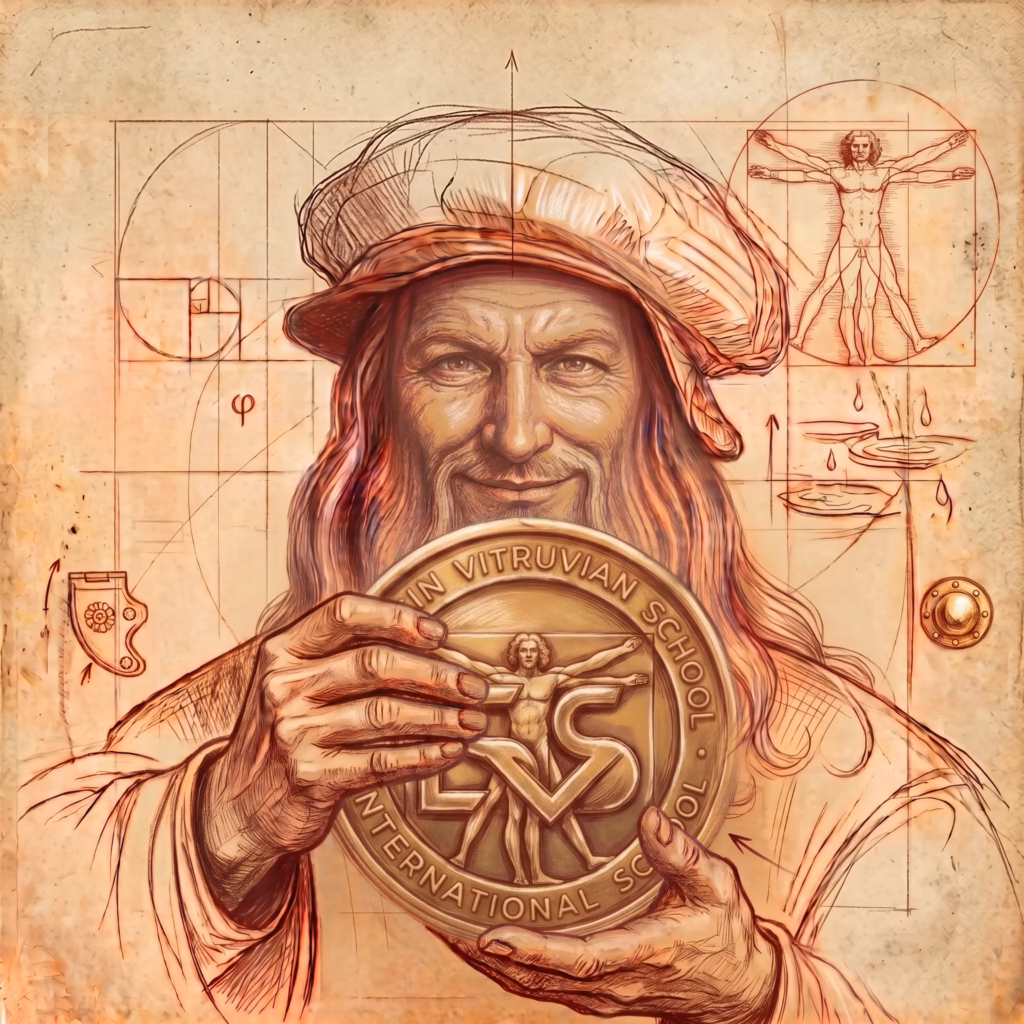 Szkic uśmiechniętego Leonarda da Vinci z medalem logo Liceum Ogólnokształcącego Leonardo SVS Szczecin