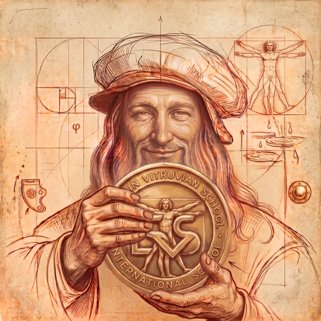 Szkic szeroko uśmiechniętego Leonarda da Vinci z medalem logo Liceum Leonardo SVS Szczecin