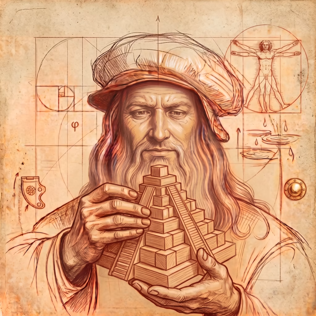 Renesansowy szkic Leonarda da Vinci z modelem piramidy – nauka historii w Szkole Podstawowej SVS