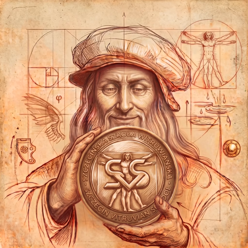 Szkic Leonarda da Vinci z medalem SVS zapraszającego do Szkoły Podstawowej SVS Szczecin